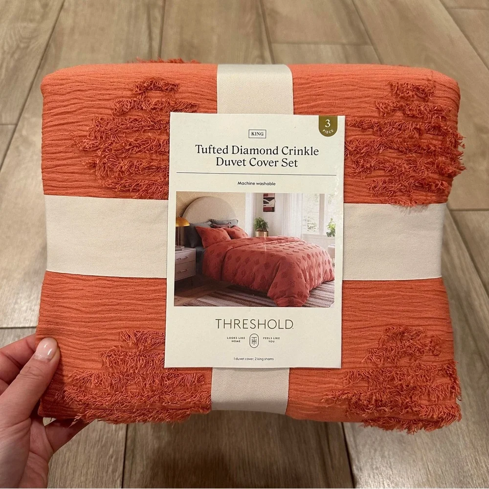 King Threshold Tufted Diamond Crinkle Duvet Cover and Sham Set - Melon Pink